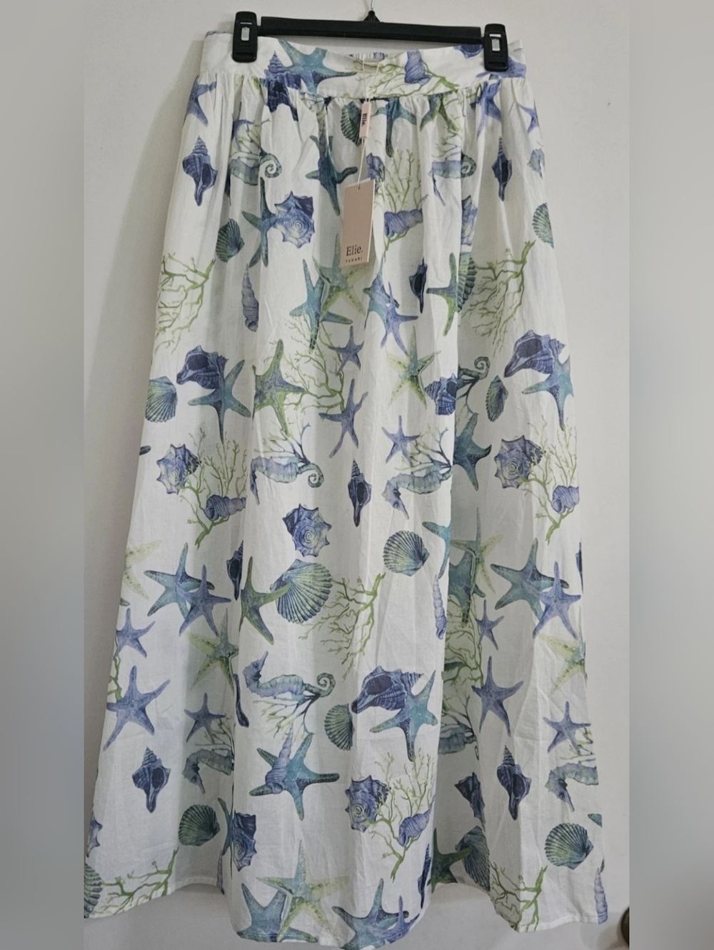 NWT Elie Tahari White Seashell Print Maxi Skirt - Blue & Green Accents Sz Small